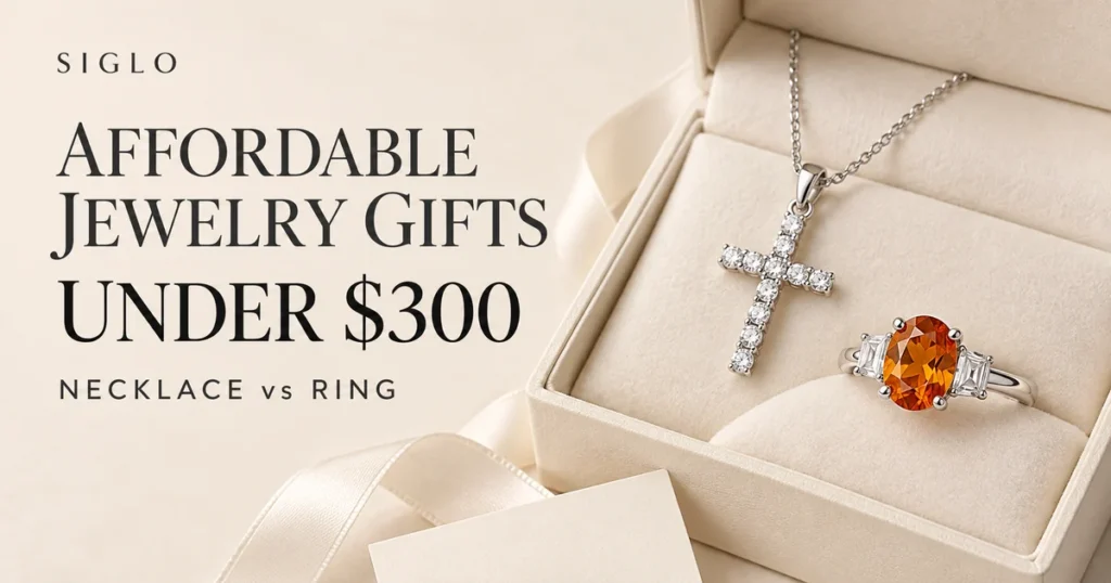 Silver cross necklace and orange gemstone ring in a cream gift box beside an affordable jewelry gifts under $300 headline.