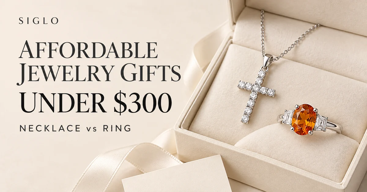 Silver cross necklace and orange gemstone ring in a cream gift box beside an affordable jewelry gifts under $300 headline.