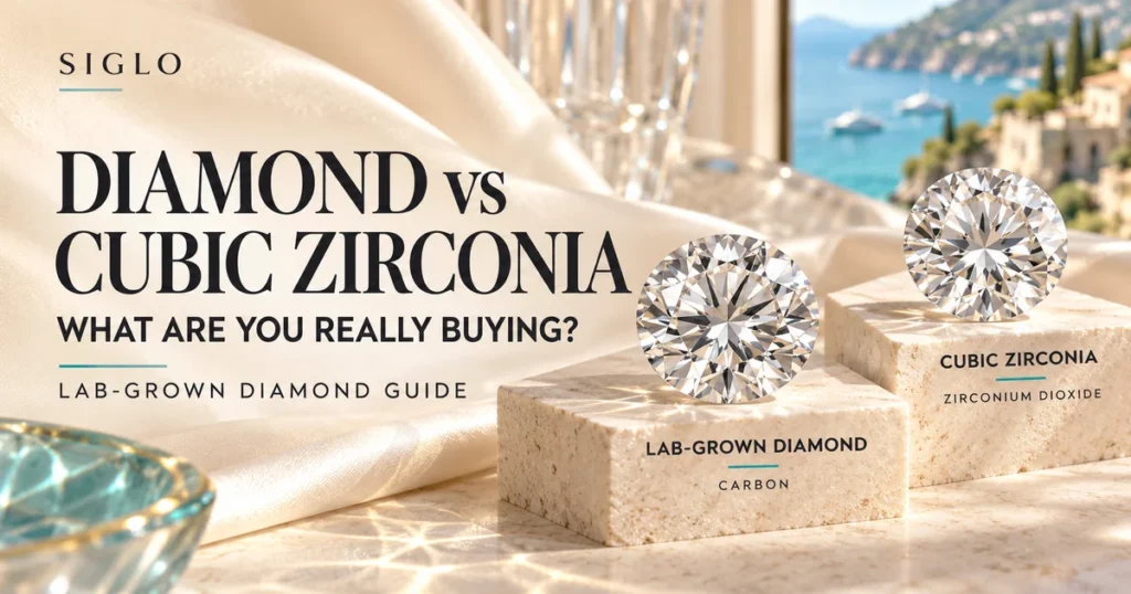Diamond vs cubic zirconia illustration with two faceted stones labeled lab-grown diamond and cubic zirconia on cream display blocks.
