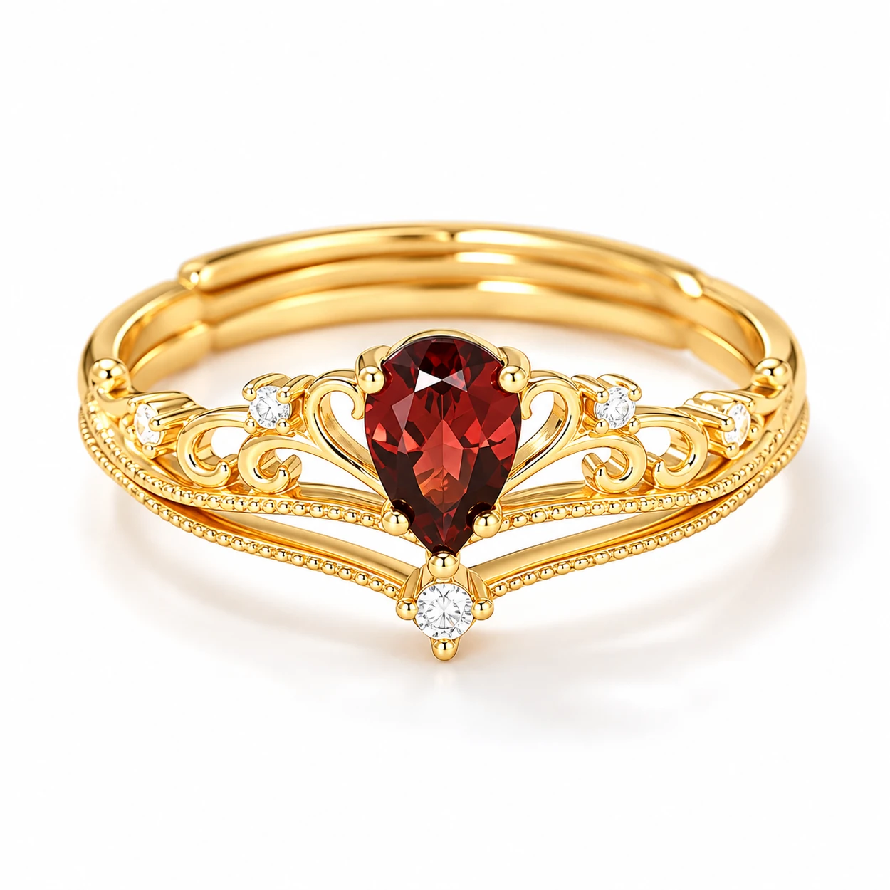 siglo-gold-red-pear-crown-ring-set-front Crimson Reign garnet ring set with a pear-shaped natural garnet crown ring and matching accent band
