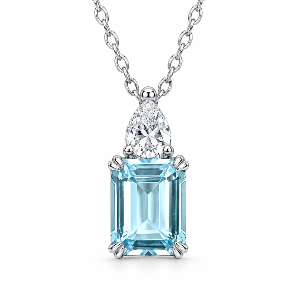 Blue Sugar Cube Necklace with natural blue topaz and a pear-shaped lab-grown diamond accent