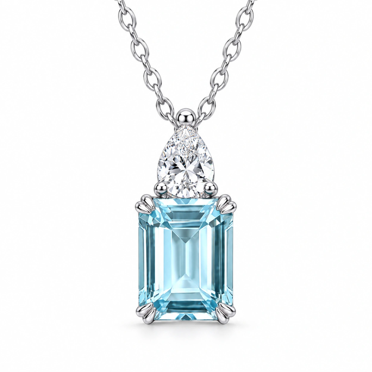 siglo-ice-blue-emerald-pear-necklace-front Blue Sugar Cube Necklace with natural blue topaz and a pear-shaped lab-grown diamond accent