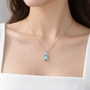 Model wearing the Blue Sugar Cube Necklace on a 17.72-inch silver chain