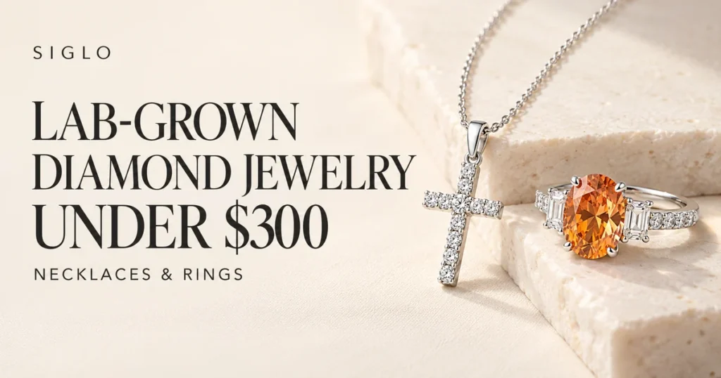 Silver cross pendant necklace and orange gemstone ring beside a lab-grown diamond jewelry under $300 headline.