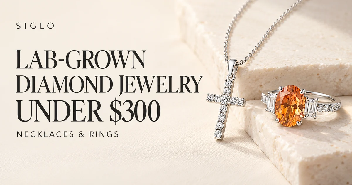 Silver cross pendant necklace and orange gemstone ring beside a lab-grown diamond jewelry under $300 headline.