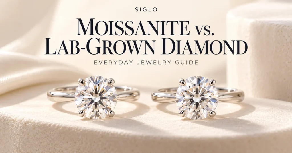 Two silver solitaire rings on an ivory display beneath a moissanite vs lab-grown diamond headline