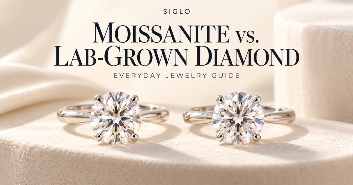Two silver solitaire rings on an ivory display beneath a moissanite vs lab-grown diamond headline