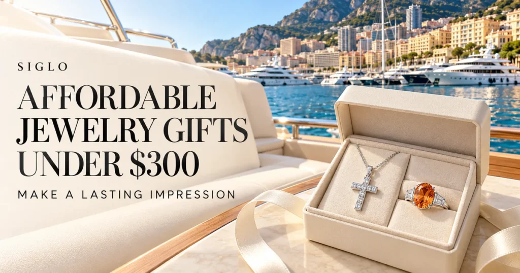 Affordable jewelry gifts under $300: a silver cross necklace and orange gemstone ring in a cream box on a yacht overlooking a Monaco-inspired harbor.