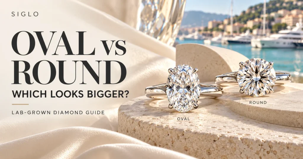 Oval vs round diamonds illustrated as two silver rings on cream displays with a Monaco-inspired harbor background.