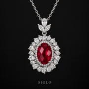 Crimson Muse oval ruby pendant necklace with a leaf-inspired halo in S925 silver