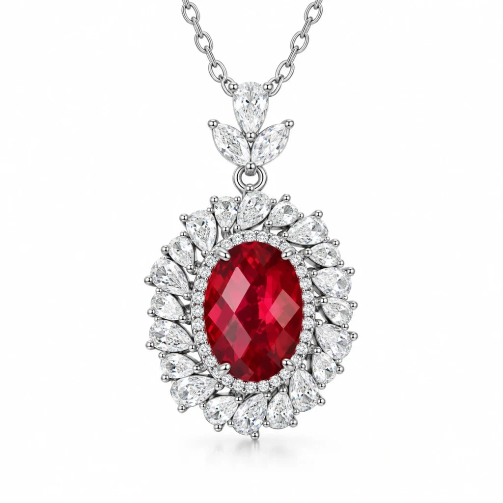 Crimson Muse oval ruby pendant necklace with a leaf-inspired halo in S925 silver1