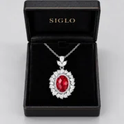 Crimson Muse red ruby pendant necklace presented in a SIGLO gift box
