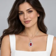Crimson Muse silver ruby necklace with a sparkling floral halo in a styled display