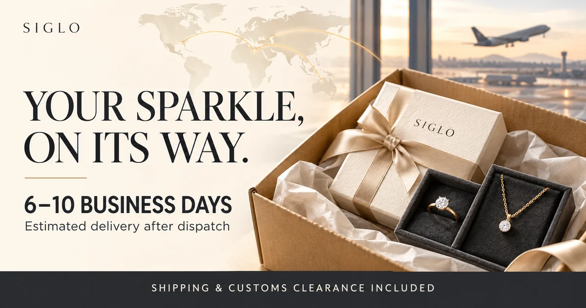 SIGLO shipping illustration featuring a jewelry gift box, ring, necklace and international delivery routes.