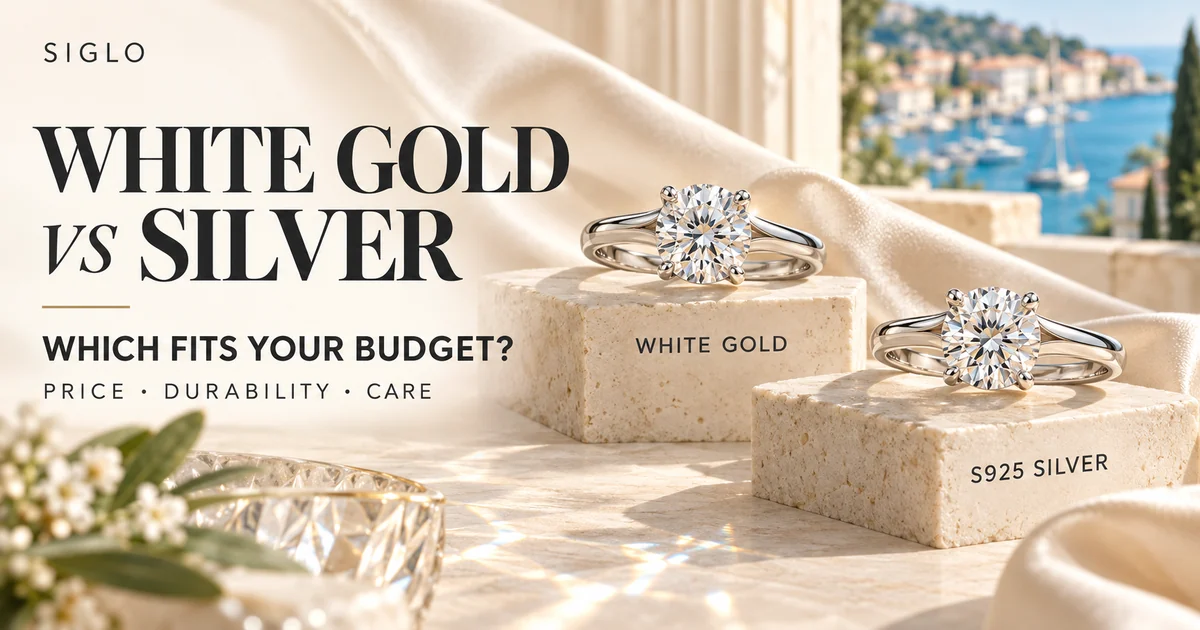 White gold vs silver illustration with two solitaire rings on cream displays labeled White Gold and S925 Silver.