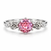 Front view of the True Love pink rose ring with a pink center and sculpted silver roses