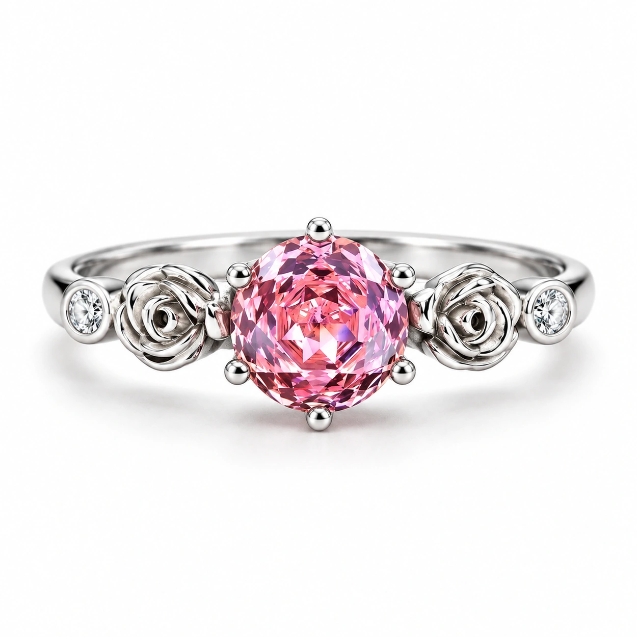true-love-rose-R1533-0.8ct-front Front view of the True Love pink rose ring with a pink center and sculpted silver roses